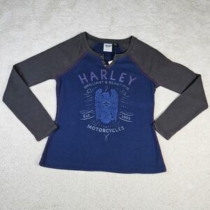 NWTs Harley Davidson Motorcycles Petite Small Medieval Blue Waffle Thermal Shirt